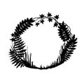 Vector black and white illustration, round frame. fabulous, magical forest. silhouette of forest herbs. background for halloween, Royalty Free Stock Photo